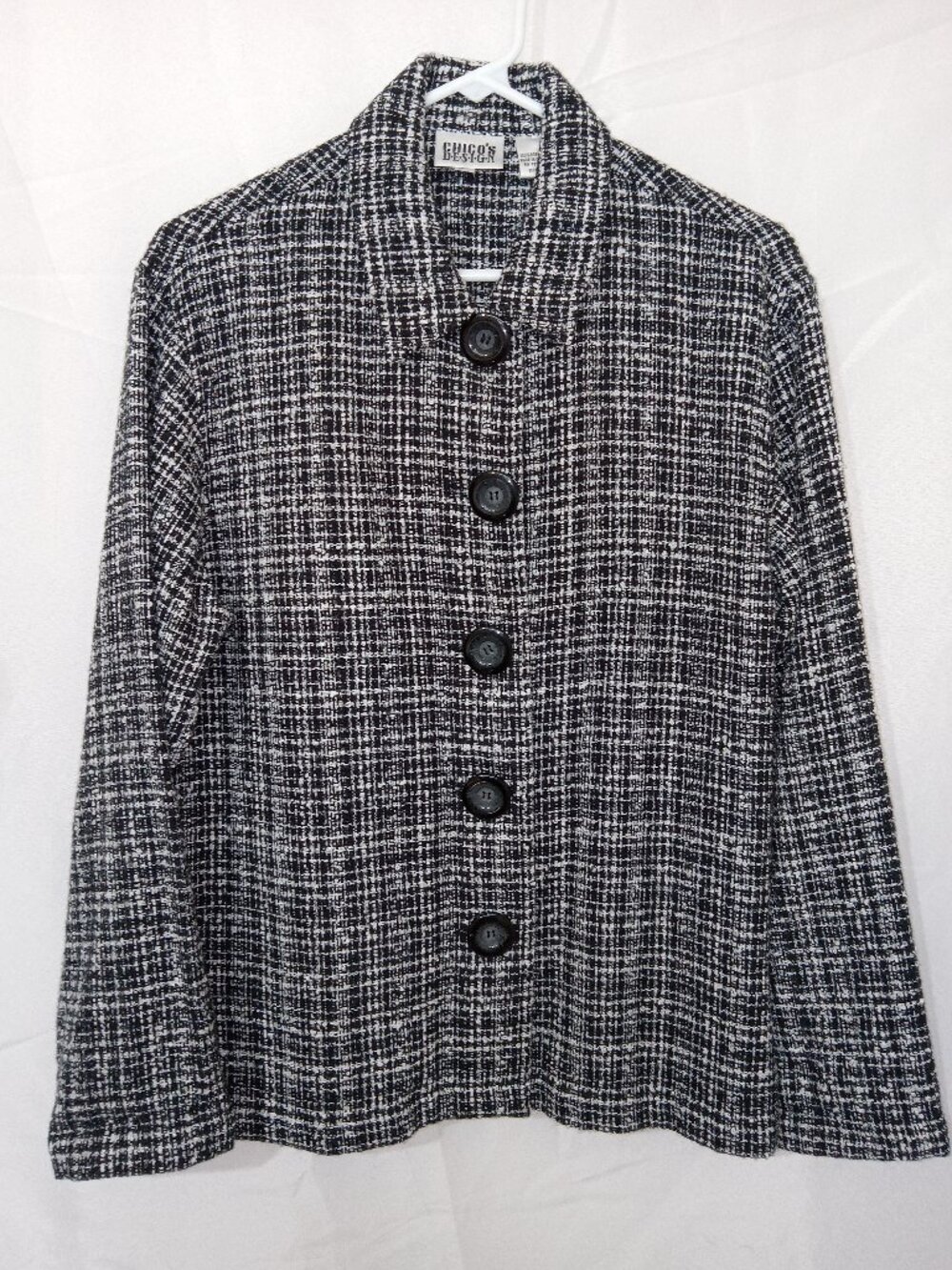 Vintage 90s Chico’s Design Tweed Jacket Blazer Black White Bouclé Button Size 1